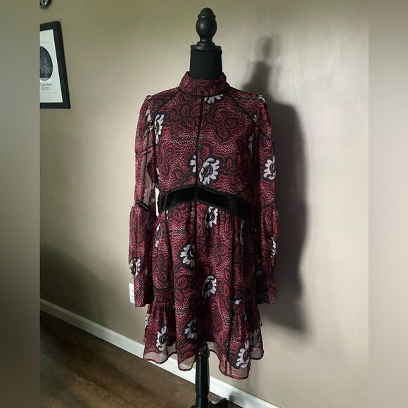 TED BAKER red dress Coriey Ladder Trim Insert High Neck mini size 5 (L 12-14) - Picture 4 of 16